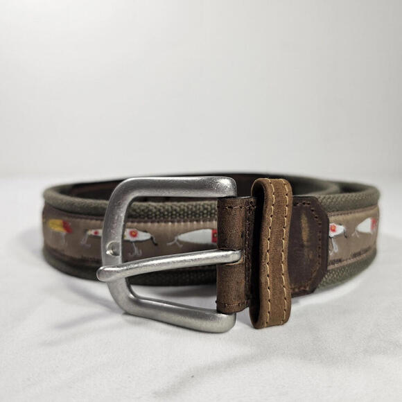Bison Designs Canvas Belt Leather Ends Trout Embroidered Ribbon Sz 34 1.5”Wide - Picture 1 of 6